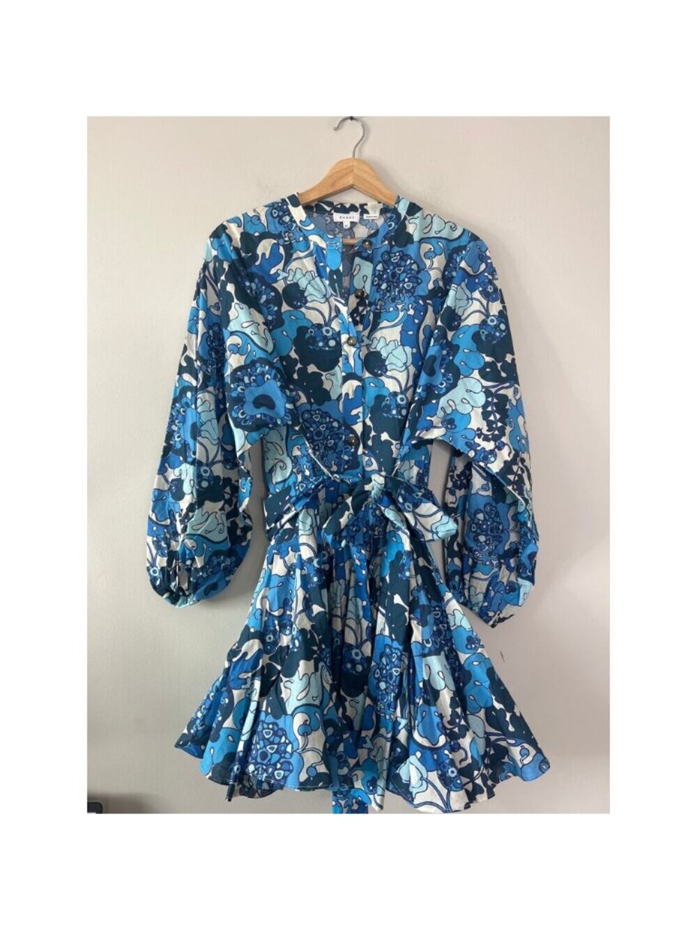 NEW Rhode Button Up Pleated Long Puff Sleeves Mini Dress Blue Size: Extra Small - Picture 2 of 7